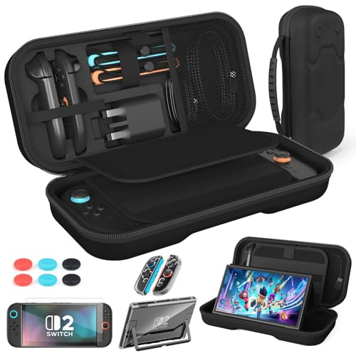 Carrying Case for 2025 Nintendo Switch 2 Console, Hard Case with 24 Game Card Slots and Stand - Accessories Include Travel Case, Screen Protector,Clear Protective Case,Thumb Grip for Nintendo Switch 2