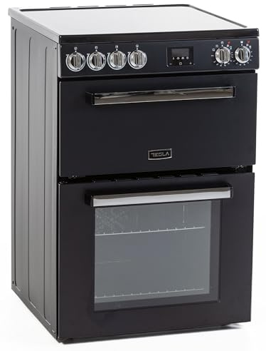 TMRC60B 60cm Double Cavity Modern Mini Ceramic Electric Cooker – Freestanding - Black with 4 Zone Ceramic Hob, Grill Function, Easy-Clean Enamel, Adjustable Shelves, Energy Efficient