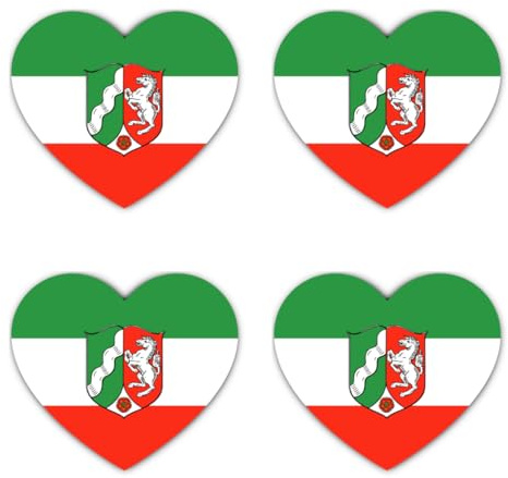 Aufkleber: 75 mm, 4 Stück - Aufkleber Herzform NRW Wappen Flagge Vinyl 75 mm 7,5 cm 4er-Pack wetterfest Auto Laptop Helm Koffer