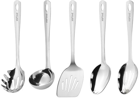 Stainless Steel Cooking Utensils Set, 5PCS Kitchen Utensils Set, Durable Kitchen Gadgets, Ladle, Slotted Turner, Slotted Serving Spoon, Solid Serving Spoon, Pasta Fork