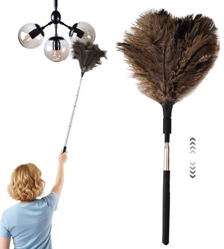 Feather Duster Extendable Total Length 90cm, Ostrich Feather Dusters for Cleaning, Long Duster for High Ceilings, Lamps, Cabinets, Furniture
