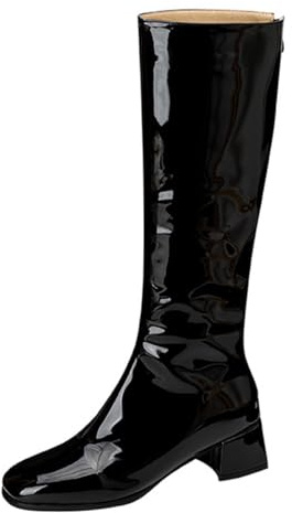Qynthra Stivali al Ginocchio Donna in Pelle Verniciata Punta Quadrata Tacco Medio Blocco Zip Laterale Stivali Lunghi per Autunno Inverno Serata & Streetwear Lucidi