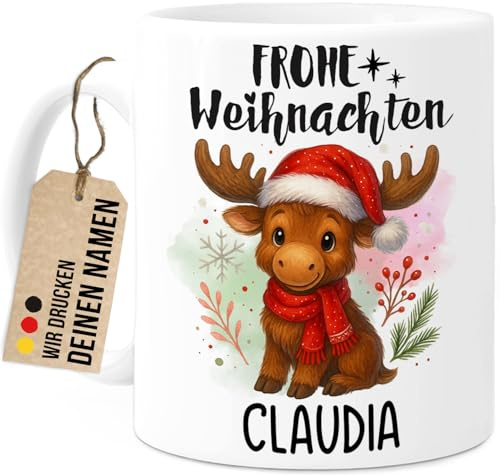 Tassenliebling® Elch Tasse personalisiert - Kindertasse mit Namen - Frohe Weihnachten - Weihnachtstasse - Personalisierte Geschenke Kinder - Kinderbecher aus Keramik 330ml