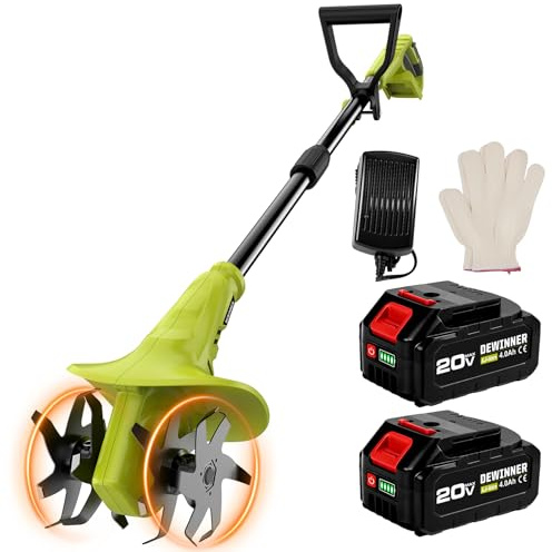 DEWINNER Tiller Cordless, 20V Electric Garden Soil Cultivator with 2×4.0Ah Batteries and Charger, 20cm Working Width, Powerful Soil Cultivator with Adjustable Handle and Gloves for Small Garden