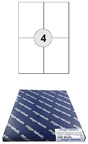 400 Etiketten 105 x 148 mm WIEDER ABLÖSBAR auf DIN A4 Bögen (2x2 Etiketten DIN A6) - 100 Blatt Pack - Universell für Laser/Inkjet/Kopierer/Farblaser einsetzbar 4-teilig