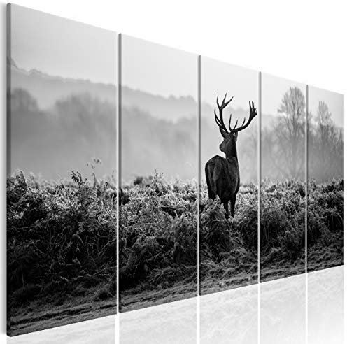 decomonkey Bilder Hirsch 200x80 cm 5 Teilig Leinwandbilder Bild auf Leinwand Wandbild Kunstdruck Wanddeko Wand Wohnzimmer Wanddekoration Deko Tiere Sonne Sonnenuntergang Landschaft