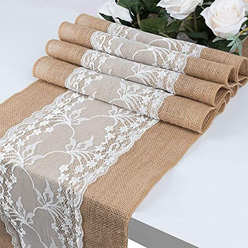 GLCS GLAUCUS 5er Set Jute Tischläufer mit Spitze – 30 x 275 cm – Vintage Tischband für Hochzeit, Party, Feier & Esstisch – Natürliche Leinenoptik Tischdekoration - Petunie Muster