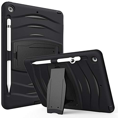 QYiD - Custodia per iPad 10.2 (2019) / 7th Generation a tre strati, con supporto e portapenne per Apple iPad 10.2 (2019) / A2200 / A2198 / A2232 nero Nero