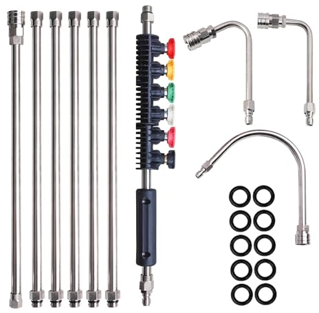 Xiny Tool Bacchetta di estensione per idropulitrice, confezione da 10 lancia con 5 ugelli di atomizzazione, 30°, 90°, 1 asta curva per pulitore grondaia, 1/4 connessione rapida, 4000 PSI