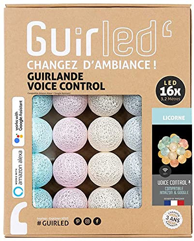 GuirLED - LED Baumwollkugeln Lichterkette WIFI USB - Sprachsteuerung - Connected Home - Amazon Alexa & Google Assistant - 2xUSB-Netzadapter enthalten - 16 Kugeln 1,6m - Einhorn