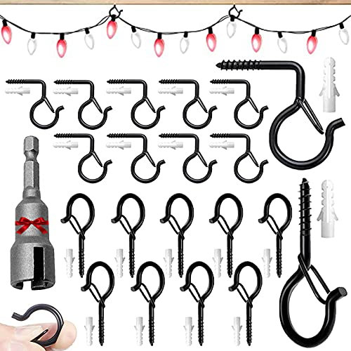 Gancio a Vite Nero Sicurezza, Ganci Avvitabili, Autofilettanti Ganci Vite per Legno, Ganci a Soffitto con 20 Tassello, per Luci Stringa, Staffa Piante, Campanello Vento, Mangiatoia Uccelli (20 Pezzi)