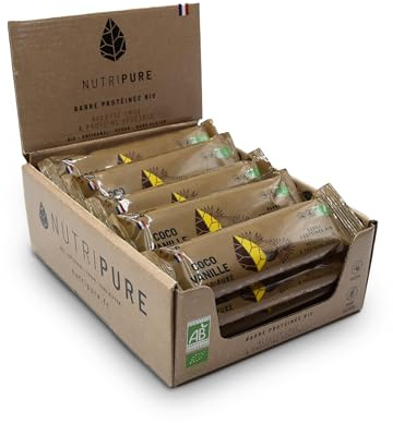 Nutripure - Raw Barre Bio 21g Protéines - Coco Vanille - 20 Barres x 40g | Encas Sain Pre ou Post Effort - Snack Sport & Quotidien - 0% Sucres Ajoutés, Sans Conservateurs - Vegan - Made in France