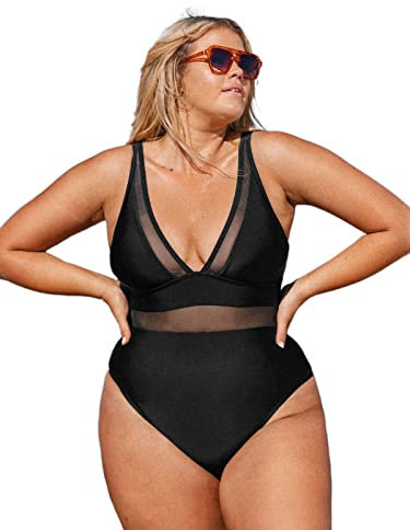 CUPSHE Maillot de bain grande taille pour femme - Col en V profond - Maille transparente - Contrôle du ventre - Une pièce - Maillot de bain Curvy - Grande taille, Noir , XXL
