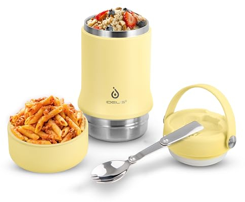 Ideus Insulated Soup Flask 600ml, Double Wall Stainless Steel Thermal Lunch Box Vacuum Food Jar with Folding Spoon and Bowl Portable Leakproof Food Container (Light Yellow)