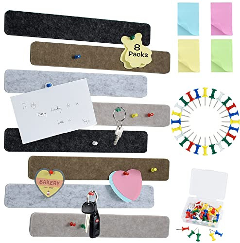 Vuzvuv 8 Stück Schwarz Braun Grau Pinnwand Bar Streifen Korkplatte,Kleine Filz Pinnwand Selbstklebend mit 35 Stück Pushpins für Foto Hängen, Bulletin Tafeln Heimdekoration Wanddeko für Notizen Büro
