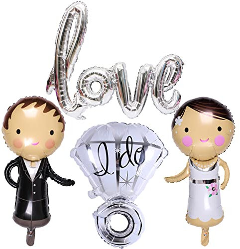 Kawailay 4 Stück Hochzeits Ballons Brautpaar Folienballon Braut Bräutigam Ballon Diamant Ring Love Luftballon für Heiratsantrag Verlobung Hochzeit Valentinstag Silber