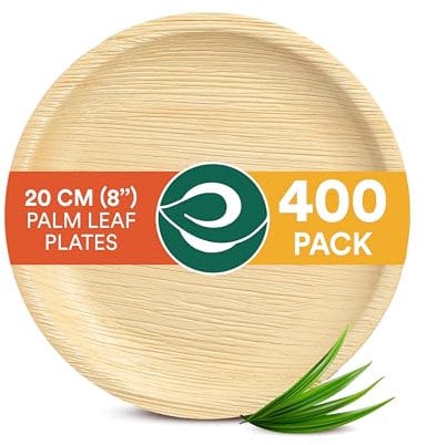 ECO SOUL Compostable 20cm Round Palm Leaf Plates | Pack of 400 | Disposable Bamboo-Like Tableware for Party, BBQ, Picnic, Wedding | Recyclable, Eco-Friendly, Alternative to Plastic & Paper Plates