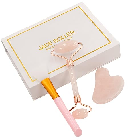 Intirilife 3-teiliges Gua Sha Gesichtsmassage Set Gesichtsroller aus natürlichen Rosenquarz - Gua Sha 8 x 5.4 cm - Roller 14 x 5.8 cm - Warm und Kalt anwendbar, Hautpflege für Gesicht und Augen