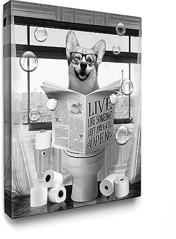 Luslya Lustiger Corgi-Hund Wandkunst - Niedlicher Corgi Sitzend in der Toilette, Zeitungsmalerei - Schwarz und Weiß Badezimmer-Wanddekoration, Gerahmtes Poster
