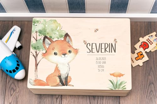 Hochzeitideal - Personalisierte Erinnerungskiste | Holzkiste Woodland_FUCHS | Aufbewahrungskiste | Geschenk Geburt | Erinnerungsbox Baby Taufe (XL (40x30x22))