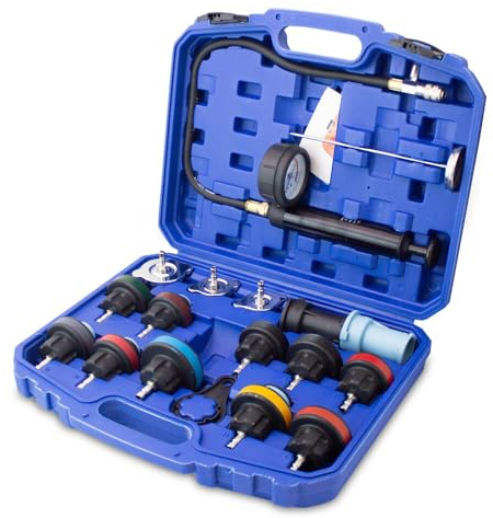 BITUXX KFZ Kühlsystem Abdrückgerät Druckprüfung Abdrücken Tester Kühler Werkzeug 18 teilig Messbereich 0-2,5 bar, Für alle gängigen PKW geeignet!
