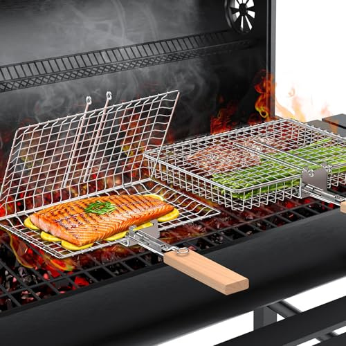 Ivtivfu Nestbares Fischgrillzange-Set, Grill Zubehör, Geschenke für Männer | Abnehmbarer Holzgriff, Edelstahl 304, Outdoor Küche Grillhalter für Fisch Gemüse, Garten Gasgrill, geburtstagsgeschenk Papa