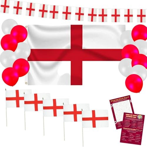 England Flag, Hand Flags, England Bunting, Red White Balloons - EURO Football, Six Nations, Its Coming Home, St Georges Flags, St George Day Decorations, Rugby
