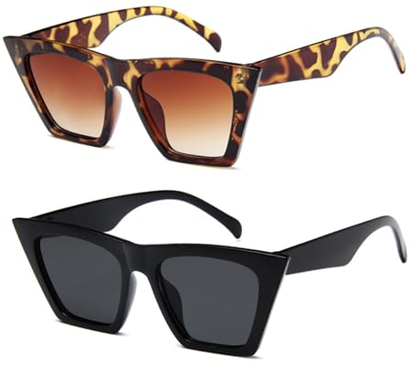 FSMILING 2 Stück Sonnenbrillen Cateye Sonnenbrille Damen Groß Vintage Sonnenbrille Katzenaugen Retro Quadratisch Cat Eye Sonnenbrillen Damen Brille Trendy