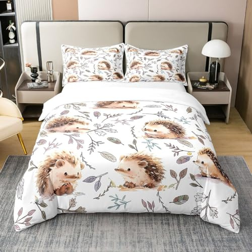 Loussiesd Igel Betten Set Niedlich Tier Bettwäsche Set 135x200cm für Kinder Frauen Männer Ultra Weich Kawaii Wildtiere 100% Baumwolle Bettbezug Set Blätter Bettdeckenbezug Zimmer, Reißverschluss