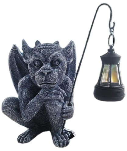 AKV Solar Gargoyle Statues Outdoor with Light, Funny Gothic Garden Decor, 8.26 inch Sitting Winged Gargoyle Sculpture for Yard Patio Lawn Ornament Decorations, Handmade Resin Garden Trolls Figurines