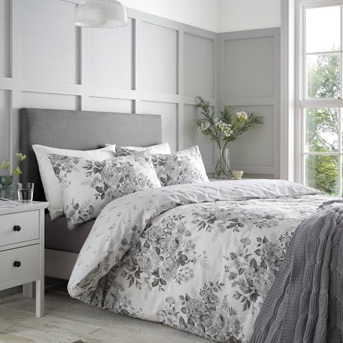Catherine Lansfield Elinda Floral Reversible Double Duvet Cover Set with Pillowcases Grey