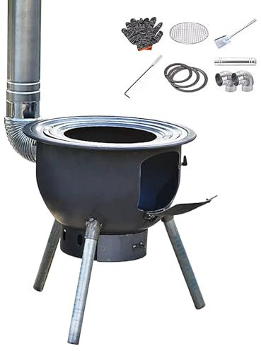 Portatile Stufa a Legna, Fornello da Esterno con Canna Fumaria, Riscaldamento e Cottura, capacità di Carico 150kg per Barbecue All'aperto Giardini Campeggio(73 * 73 * 65cm)
