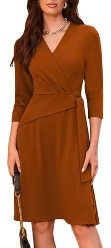 GRACE KARIN Damen Klassisches Midikleid Langarm V-Ausschnitt Pulloverkleid Elegantes Knielanges Herbstkleid Lässiges Herbst Winter Midikleid Braun L