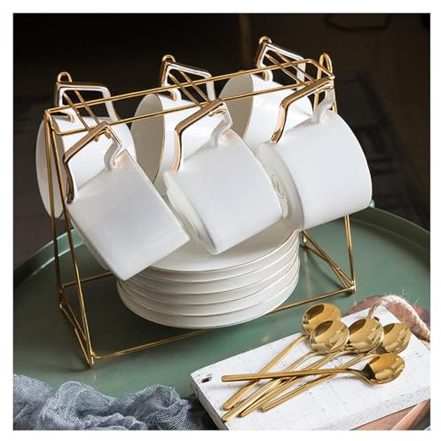 YT-KOKE Set of 6 White Ceramic Coffee Cups with Gold Rim, Tea Cup and Saucers Set with Gold Handle, Ceramic Coffee Cups with Saucers, Microwave and Dishwasher Safe, Espresso Demitasse Cups (B)