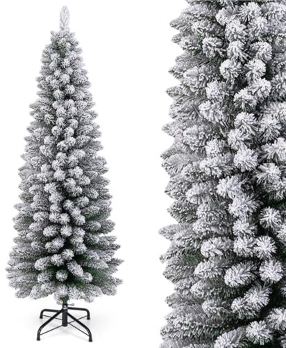GYMAX 4FT 5FT 6FT Artificial Christmas Tree, Snow Flocked Slim Pencil Xmas Tree with 240/328/460 Branch Tips and Metal Stand, Festival Decoration Tree for Home Office Party (5FT)