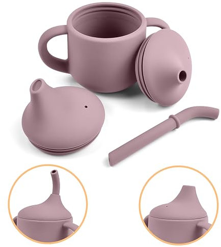 Pumpkin Products® Premium Stage One Sippy Cup, Silicone. Baby & Toddler. 3 Phase Beaker, Straw & Open-lid Cup, Two Handles 120ml / 4oz (Pale Mauve)