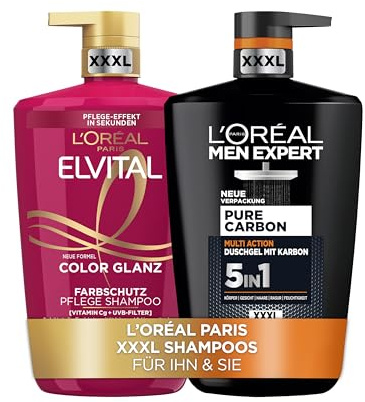 L'Oréal Paris XXXL Pflege-Set für Sie & Ihn: Men Expert Pure Carbon 5in1 Duschgel – Tiefenreinigung für Haut & Haare & Elvital Hydra Hyaluronic Shampoo – Feuchtigkeit, Glanz&Geschmeidigkeit, 2x1000 ml
