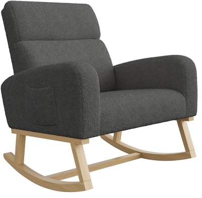 Lazyspace Schaukelstuhl Sessel Relaxsessel Schwingsessel Wohnzimmersessel, Holzsockel Schaukelsessel Mit geräuschlosem Anti Rutsch Aufkleber, 2 Seitentaschen, Lammwolle, Dunkelgrau, 78 x 69 x 87 cm