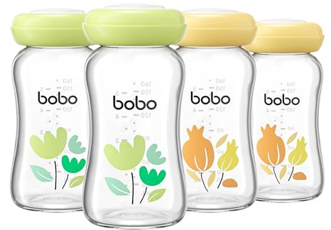 YOHKOH Premium Glass Bottles for Breast Milk, 4 x 160 ml - for Safe Breast Milk Storage, Dishwasher, Freezer and Microwave Safe (Multicoloured1, 160 ml (Pack of 4))