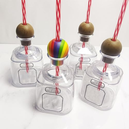 Patron Bottles Empty for Drinks, Reusable Acrylic Patron Liquor Bottle Cups with Straw,Plastic Bottles for Wine, Party Favors, Wedding 375ml (Wood,5PCS)