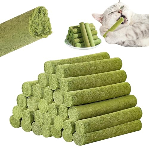 LEKEFETO Lot de 30 bâtonnets d'herbe à chat - Friandises lyophilisées pour soins dentaires et élimination des pelotes de cheveux avec poulet, huile de poisson et prébiotique