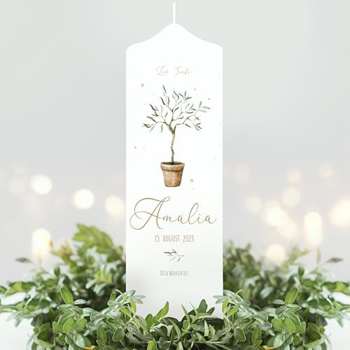 Taufkerze Kerzenset Olivenbaum Wunschname Kerze zur Geburt Taufkerze 25 x 7 cm + Patenkerze Junge Mädchen junger Oliven Baum Bäumchen pastell mit Namen, Datum und Spruch