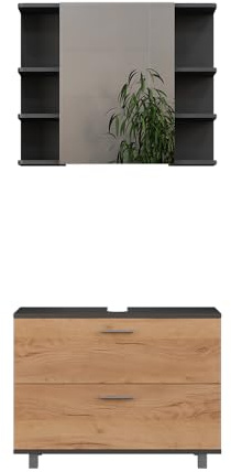 Vicco Waschbeckenunterschrank Ilias, Goldkraft Eiche/Anthrazit 80 cm | 2-teilig · Waschtischunterschrank · Spiegelschrank
