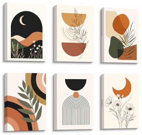 6Pcs Leinwand Bilder Set Mit Rahmen Boho Bunte Geometrische Linien Bild auf Leinwand Grüne Pflanzen Blumen Wandbilder Set Wüste Berg Mond Wandposter Wohnzimmer Schlafzimmer Flur Wanddeko 20x30cmx6