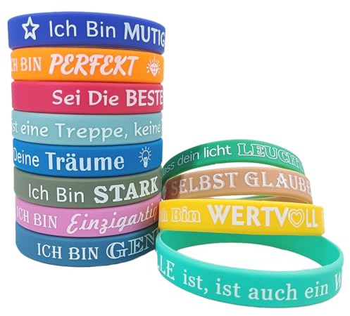 JYNVO 12 Stück Motivationsarmbänder Kinder auf Deutsch 18cm Silikonarmband Mitgebsel Mitbringsel Kindergeburtstag Mutmacher Geschenk für Einschulung Schulkind Abschiedsgeschenk