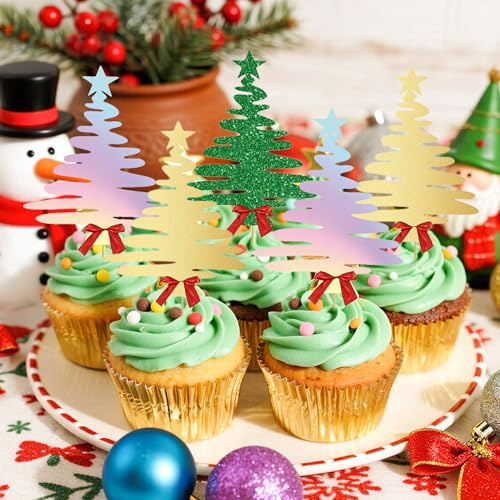 Christmas Tree Cupcake Toppers Weihnachtsbaum Cupcake Dekorationen | 12 Stück Christmas Tree Cupcake Toppers Weihnachtsbaum Cupcake Dekorationen Weihnachtsmuffin Essensspieße für fröhliche