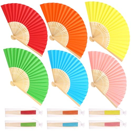 GWHOLE 6 PCS Hand Fan Folding Paper Folding Fan with Organza Bags,Rainbow,21cm