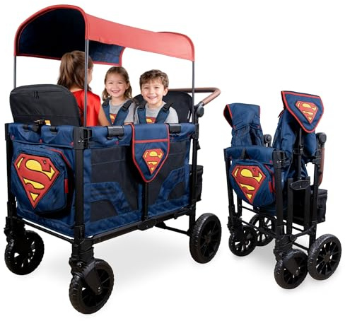 WONDERFOLD W4 Luxe Pro Special Edition Superman Stroller Wagon (4 Seater) - Collapsible Wagon Stroller with Seats with 5-Point Harnesses, Easy Access Zipper Door, and Removable Sun Canopy