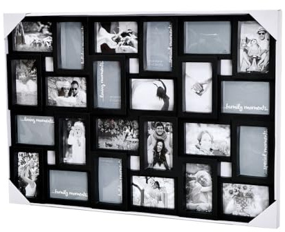 XL Collage Bilderrahmen für 24 Fotos 10 x 15 cm und 15 x 10 cm Schwarz 85,5 x 57 cm Kunststoff 3D Optik Wandaufhängung Hochformat oder Querformat mit Kunststoffabdeckung einfacher Bildwechsel