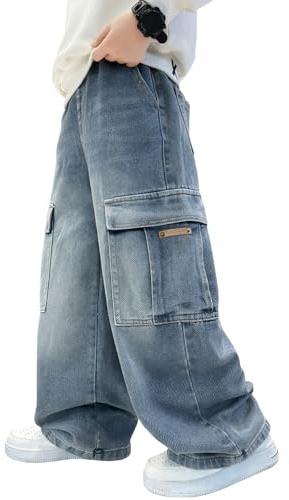 Happy Cherry - Baggy Jeans Jungen Teenager Denim Hose Jeanshosen Kinder 5-14 Jahre Vintage Streetstyle mit Elastischem Bund für Sommer Frühling Herbst Winter - 110-164